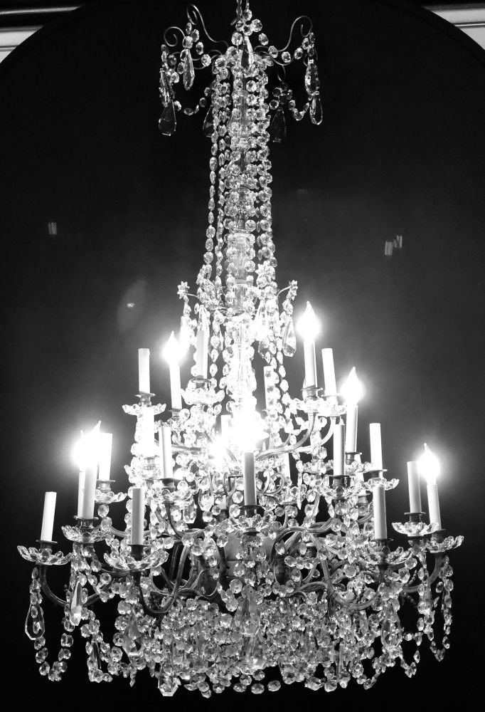 Palatial 19th-20th Century Thirty-Light Crystal and Brass Column Form Chandelier