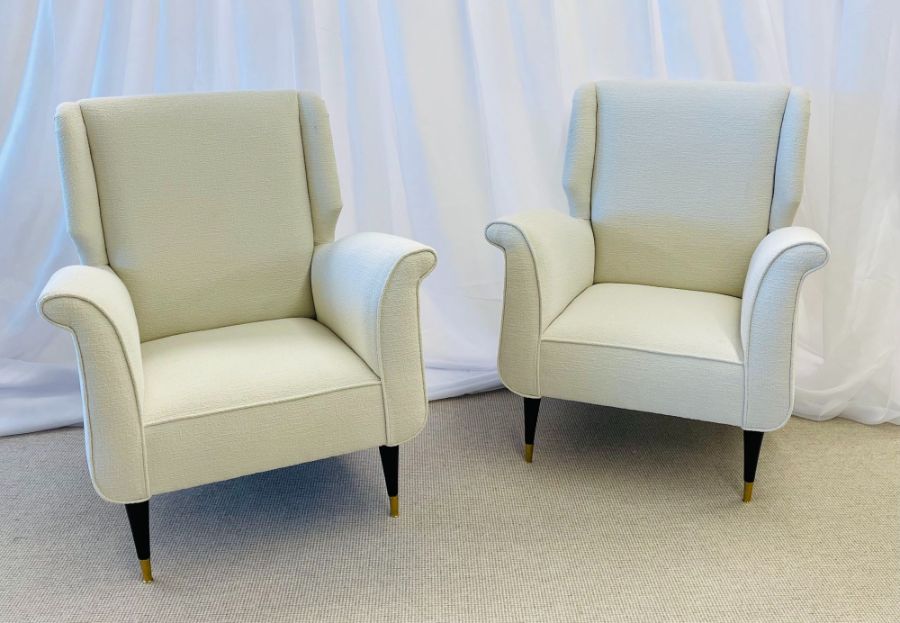 Mid-Century Modern Gio Ponti Style Armchairs, Wingback Chairs, Pair in Kravet Bouclé