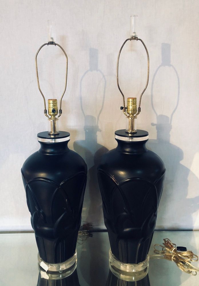 Pair of Art Deco Style Modern Black Table Lamps Lucite Base and Antelopes