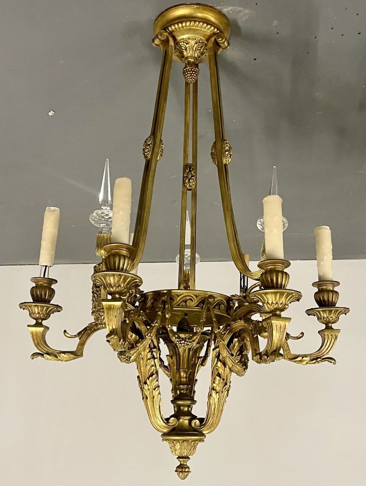 Louis XVI 19th Century Dore Bronze Chandelier, Six Light, Estate Item