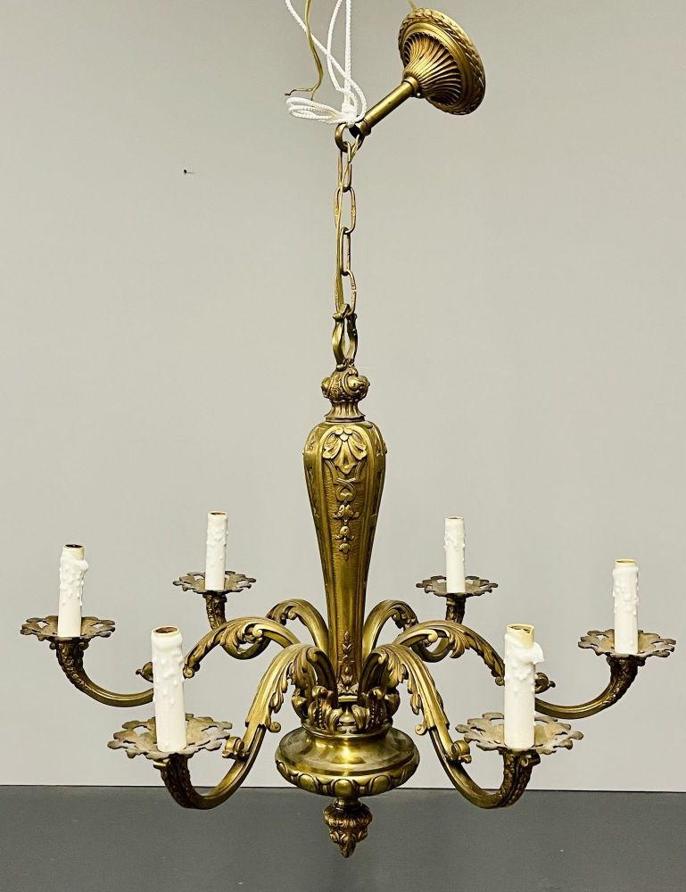 French Solid Bronze Six Light Chandelier, Canopy, Chain, Estate item