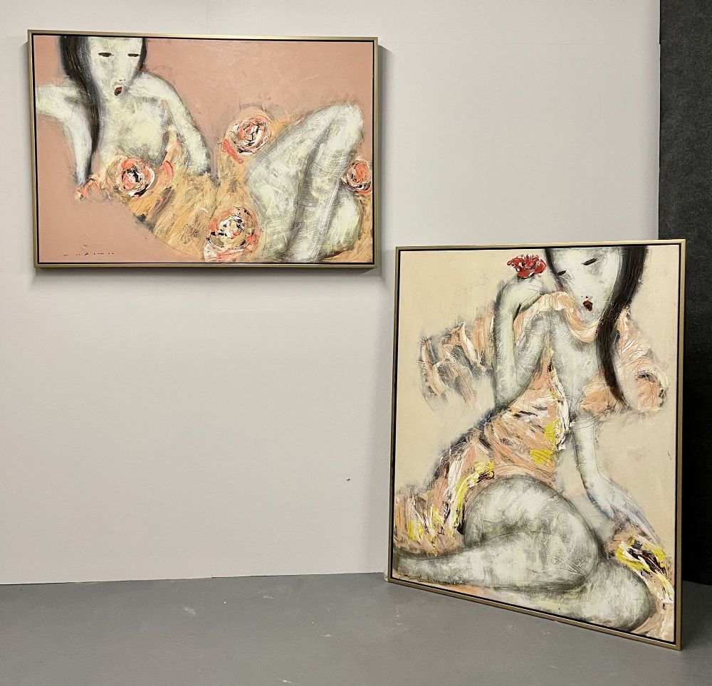 Mid-Century Modern Figurative Oil on Canvas, One of a Compatible Pair