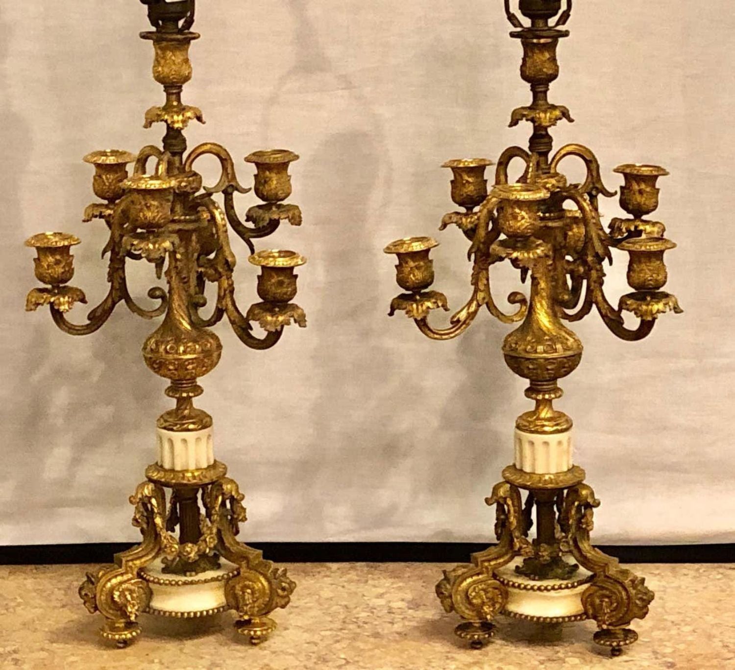 Pair of 19th Century Doré Bronze 7-Light Marble Base Candelabras Mounted as Lamp