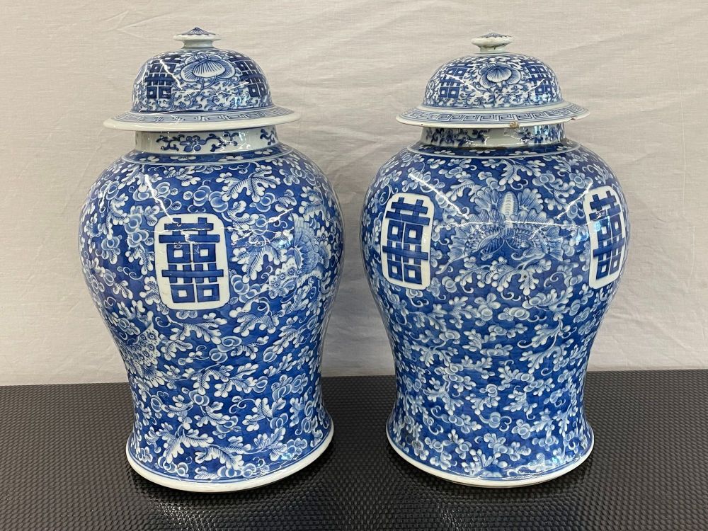 Pair of 19th Century Blue and White Lidded Temple Jars/Urns