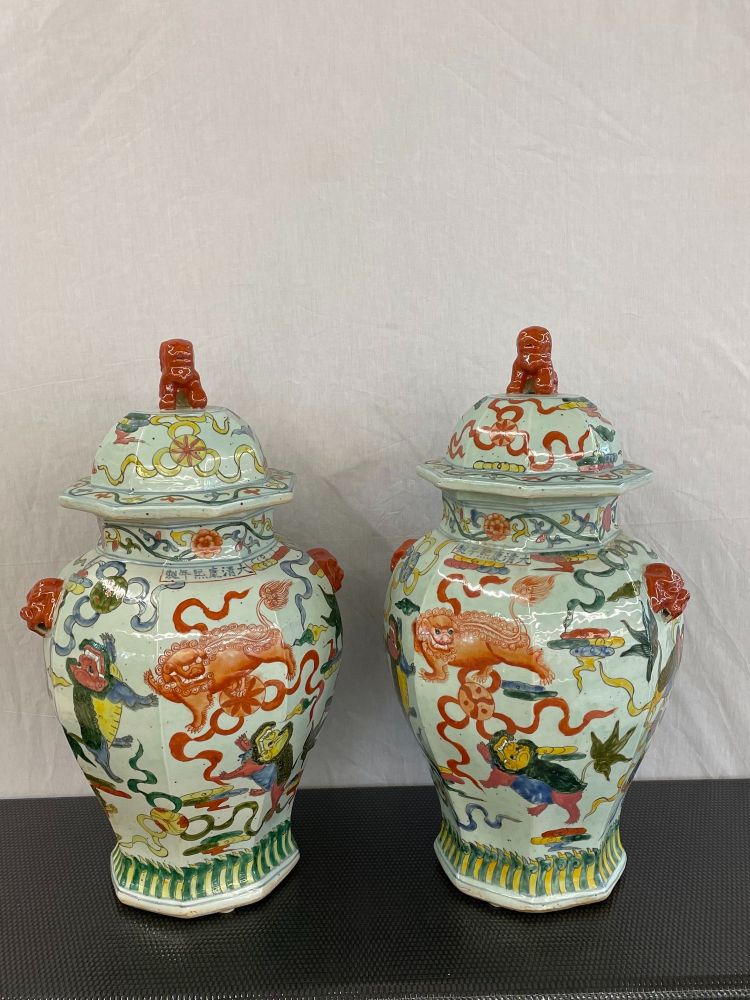 Pair of 19th Century Temple Jars, Lidded, Chinoiserie Foo Dog Finials, 19th C.
