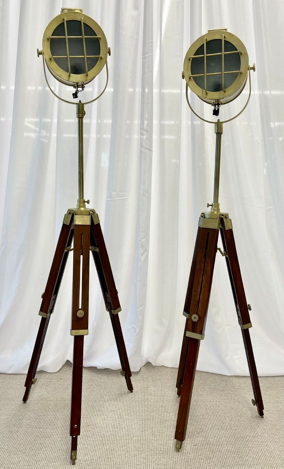 Pair of Industrial Style Search Lights, Mahogany Tri-Pod Base