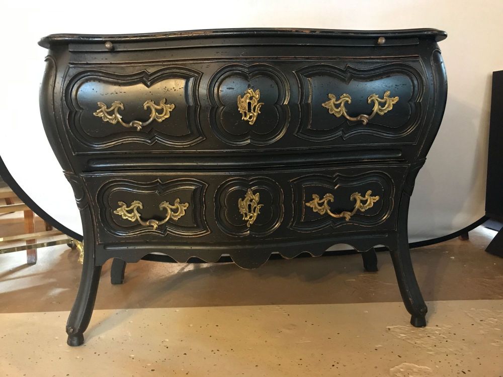 Black Distressed Bombe Commode with Bronze Mounts and Pull-Out Tray Top