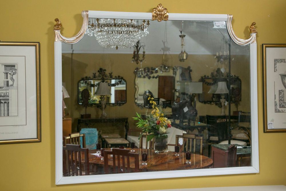 Hollywood Regency White Lacquered Giltwood Wall Console Mirror Paint Decorated