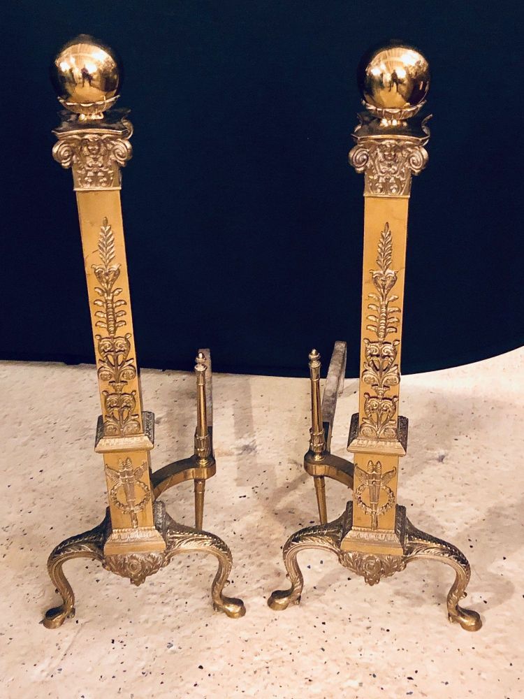 Fine Pair of Large and Impressive Louis XVI Style Brass and Irons