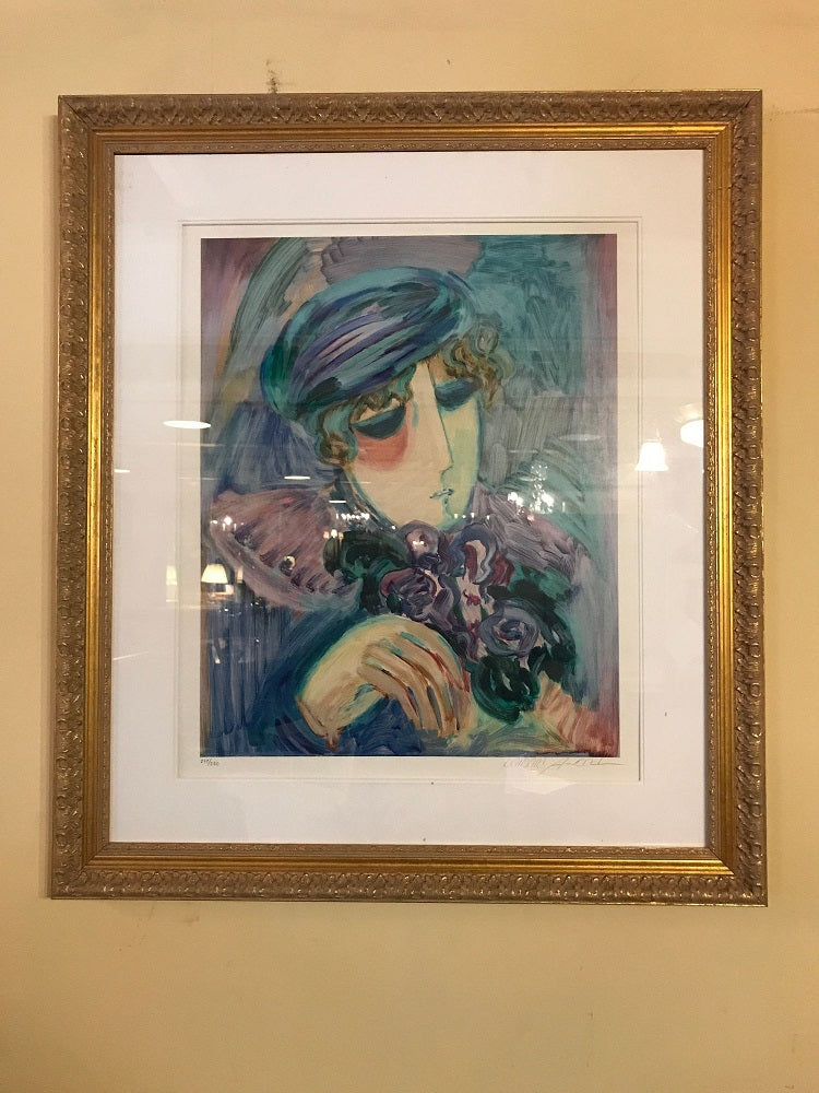 Finely Framed and Matted Lithograph by Barbara Wood Woman with Hat and Flowers