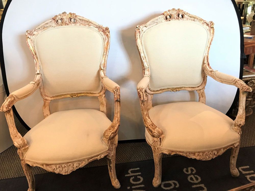 Pair of Antique Louis XV Style Armchairs in Painted Distressed Frames