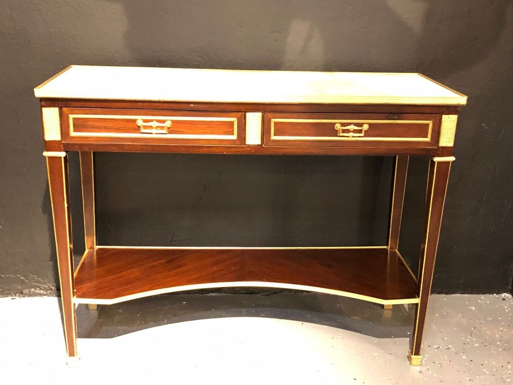 Jansen Style Two-Drawer Marble-Top Bronze Console or Serving Table