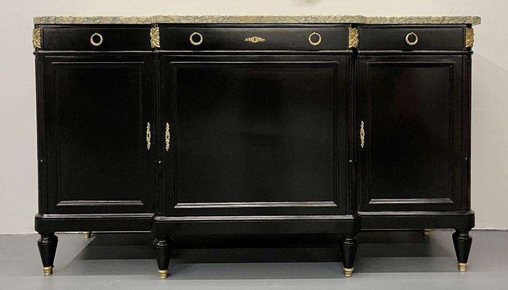 Ebony Hollywood Regency Louis XVI Style Bronze Mounted Sideboard, Marble Top
