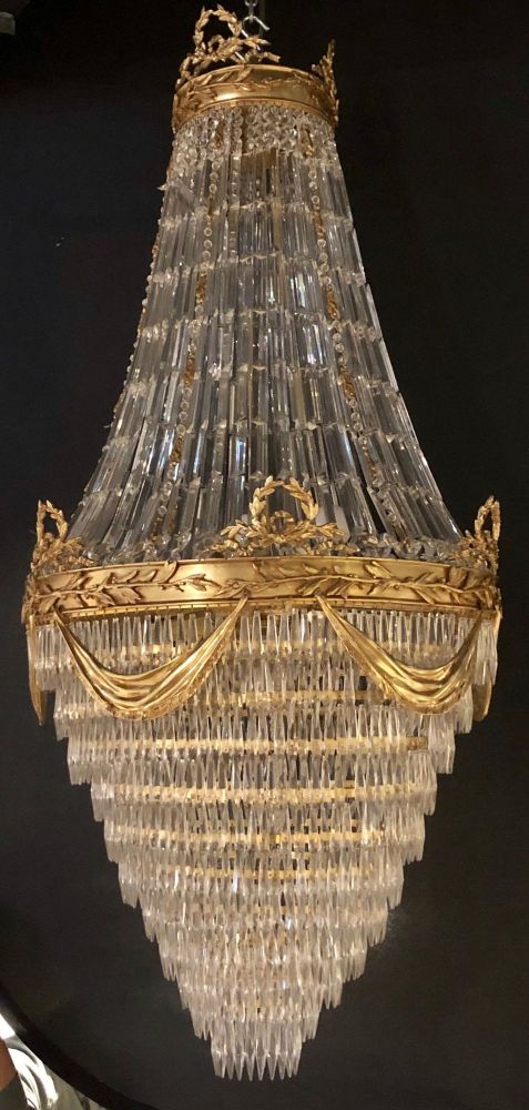 Pair of Palatial Bronze and Crystal Swag Design Louis XVI Style Chandeliers