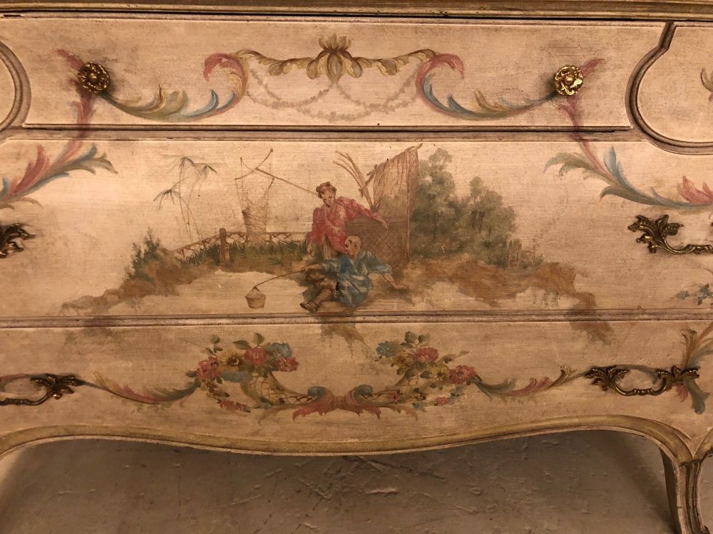 Venetian Scenic Bombe Chinoiserie Painted Commode with a Faux Marble Top