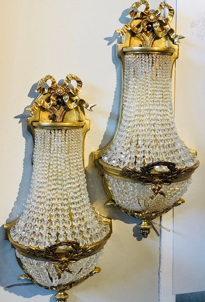 Pair of Louis XVI Style Bronze and Crystal Beaded Diminutive Wall Sconce