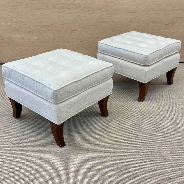 Mid-Century Modern American Designer Tufted Ottomans, Stools, Walnut, Bouclé