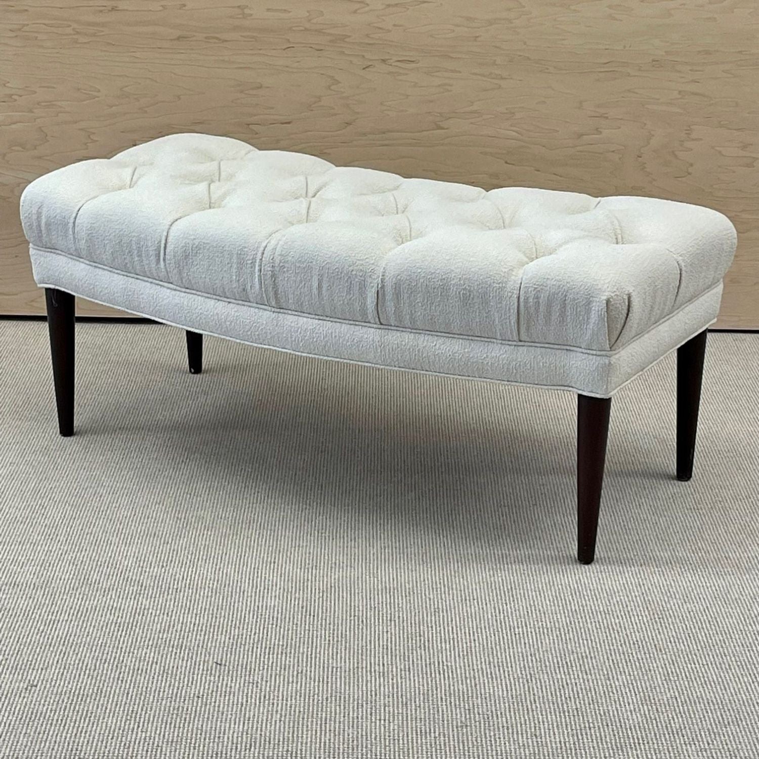 Mid-Century Modern Freeform Tufted Bench, American Designer, Ebony Wood, Bouclé