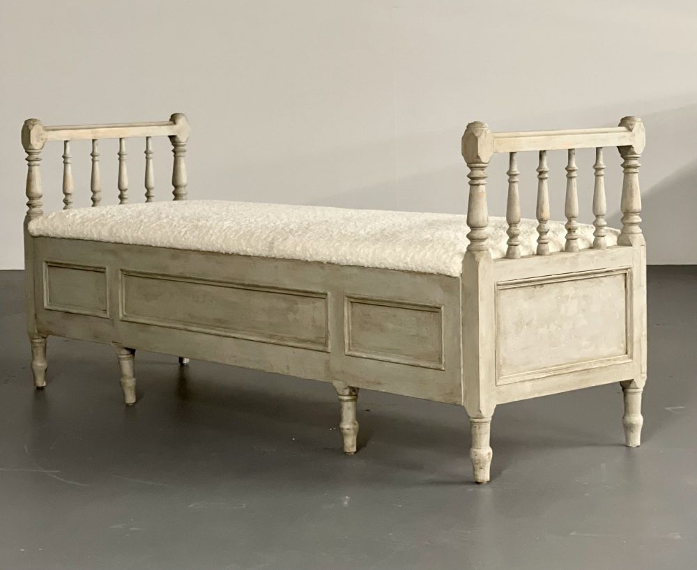 Gustavian Paint Decorated Storage Bench, New Wool Shearling, Sweden, 19th C.
