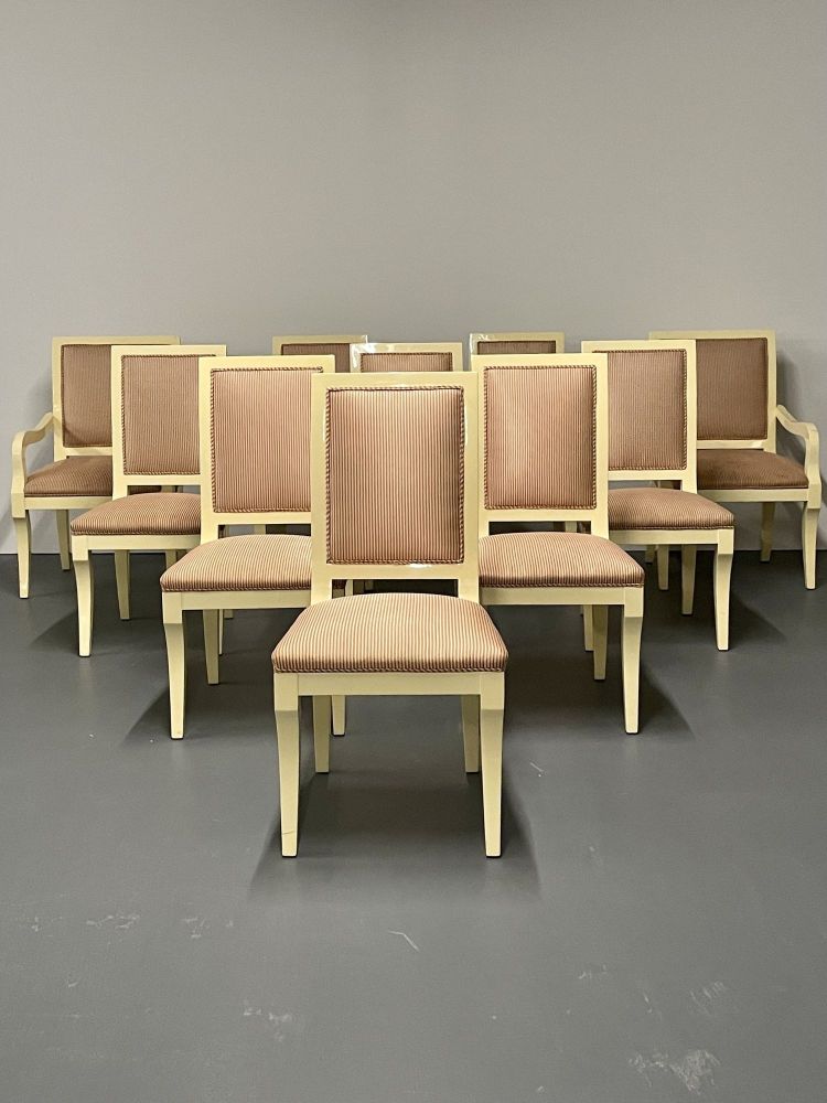 Ron Seff, White Lacquer, Striped Fabric, Ten Modern Dining Chairs, USA, 1970s