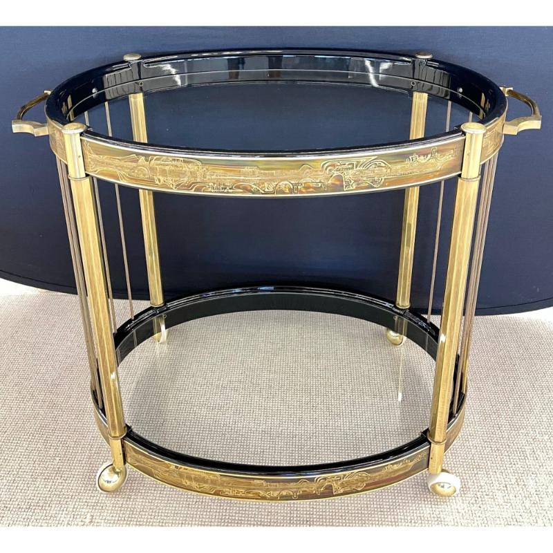 Mastercraft, Mid-Century Modern, Rolling Bar Cart, Etched Brass, Lacquer, 1960s
