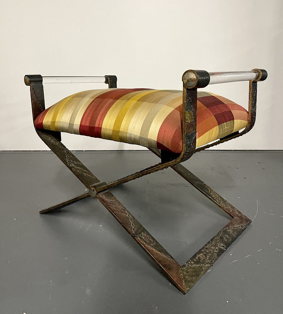 Mid Century Modern Paul Evan Style X Bench, Lucite Armrest, Chrome Accents