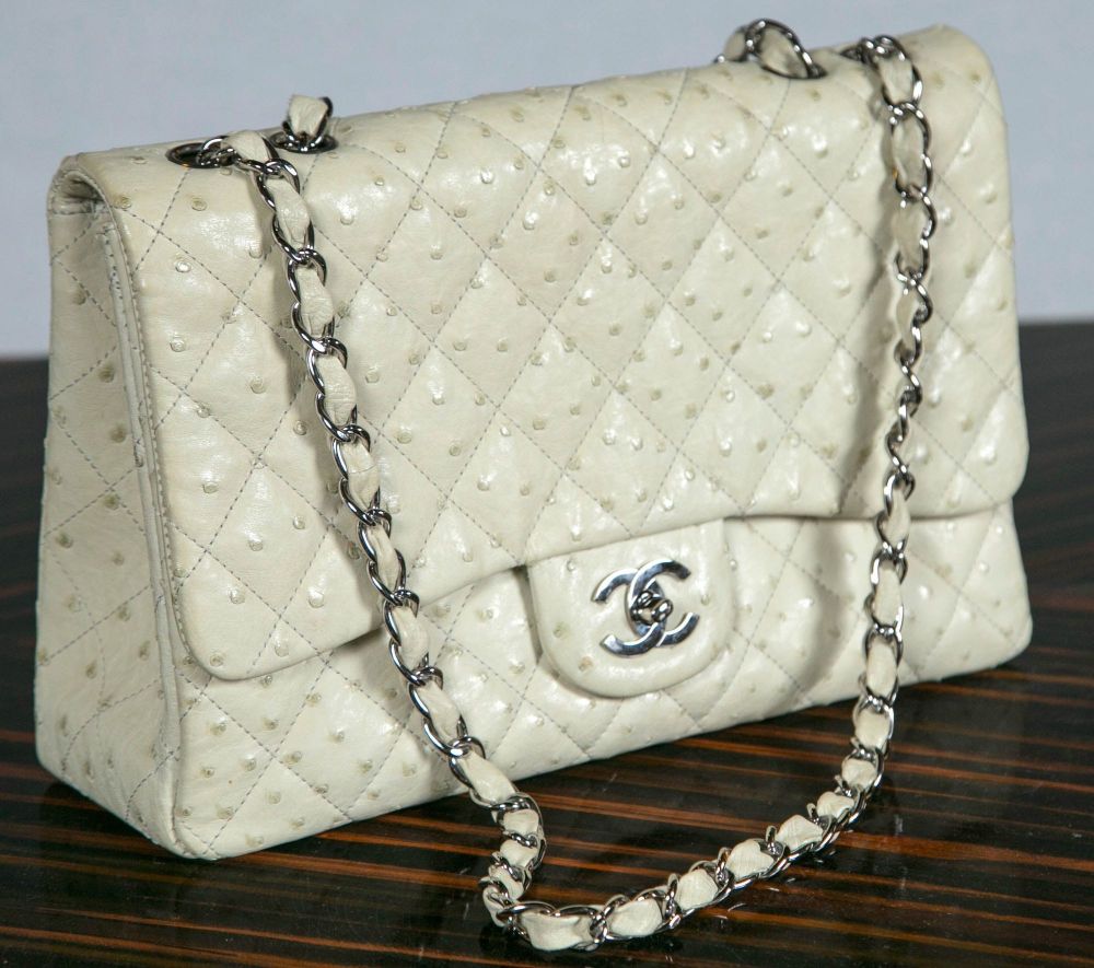 Chanel Handbag, Pocketbook, Beige Ostrich Jumbo Classic-Pristine Purse