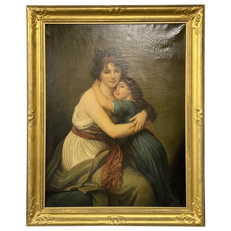 Large Oil Canvas Mother and Child signed L. Nicolas, Elisabeth Vigee-Lebrun