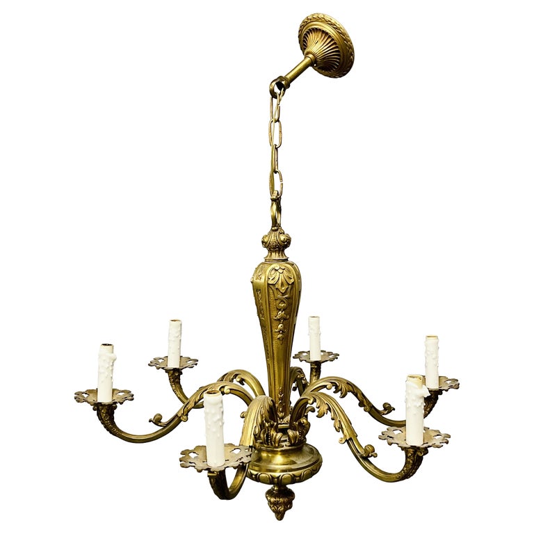 French Solid Bronze Six Light Chandelier, Canopy, Chain, Estate item
