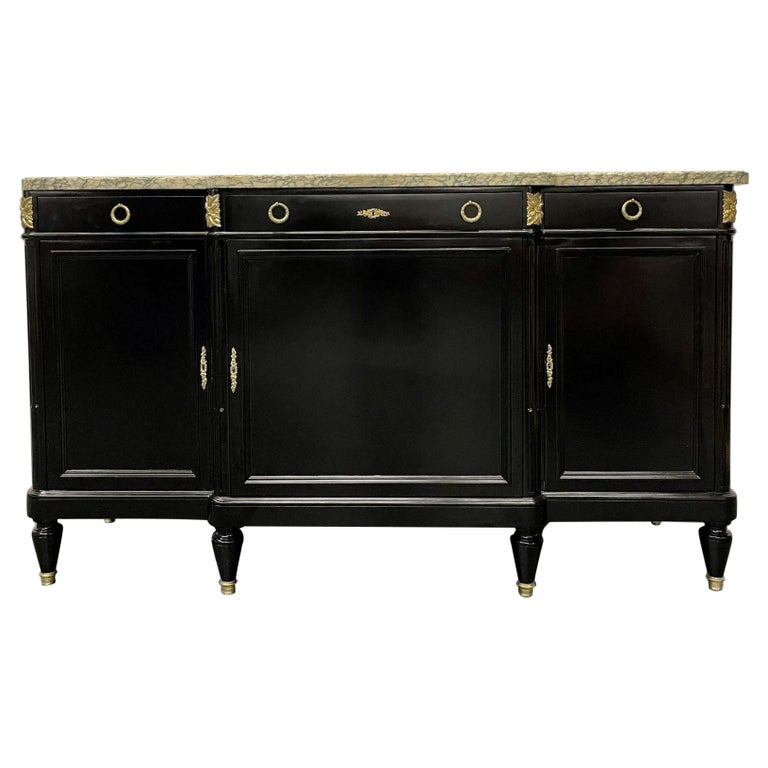 Ebony Hollywood Regency Louis XVI Style Bronze Mounted Sideboard, Marble Top