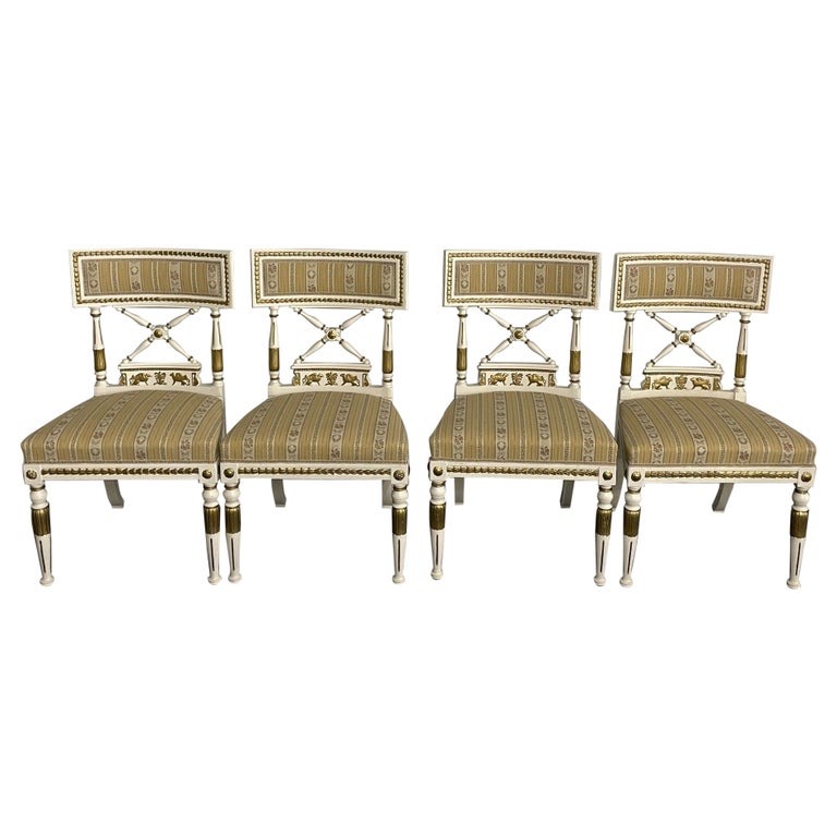 Set of 4 Neoclassical Gustavian Style Chairs, Parcel Gilt and Painted, Sphinx Carved