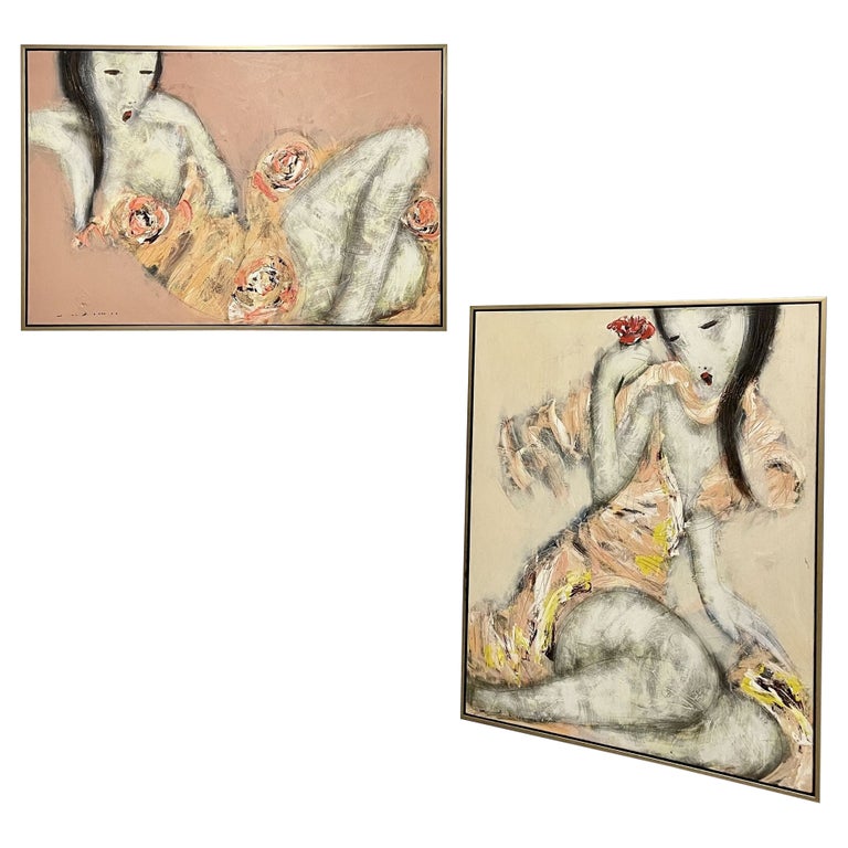 Mid-Century Modern Figurative Oil on Canvas, One of a Compatible Pair