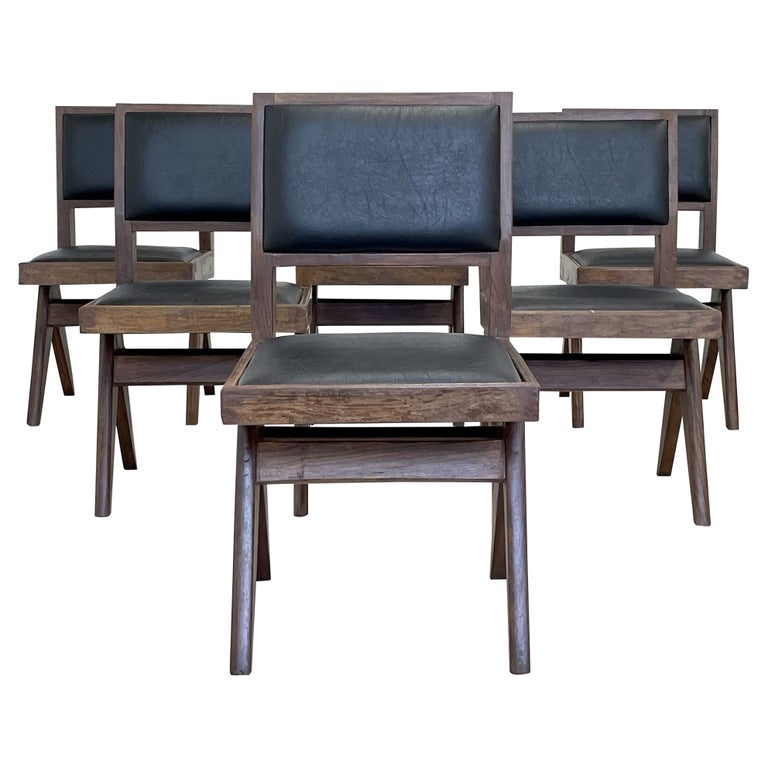 Pierre Jeanneret, French Mid-Century Modern, Six Armless Dining Chairs, Chandigarh