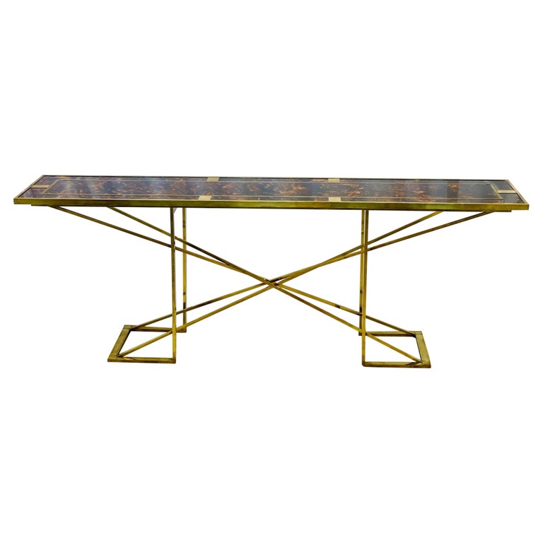Romeo Rega Console Table, Faux Tortoise Top, Gilt Metal Base, Italy, 1970s