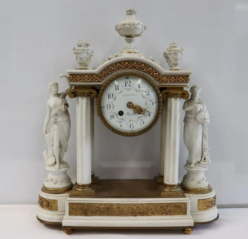 Sèvres Parian Attr, Louis XV, French Mantle Clock, Parian, Bronze, 19th Century