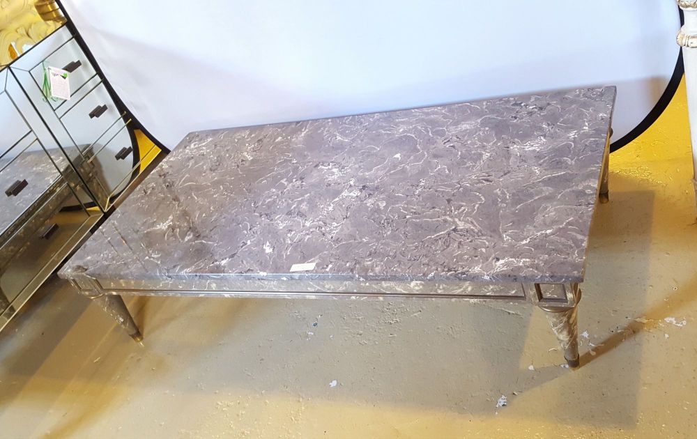 Directoire Style Thick Marble-Top Coffee Table With Matching Faux Marble Base