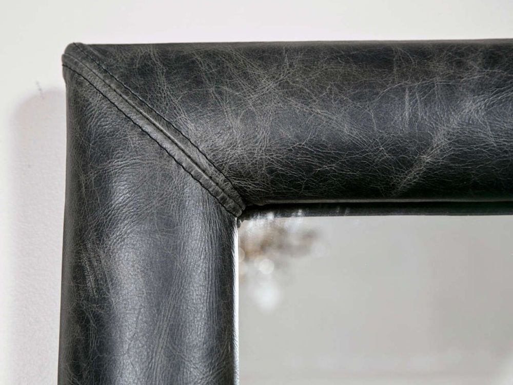 Mid-Century Wall Mirror Decorated Distressed Leather Upholstered Frame