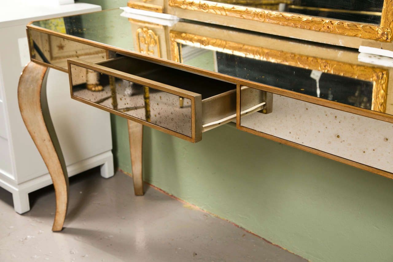 Hollywood Regency Style Mirror Console Table With Gold Gilt Frame Single Drawer