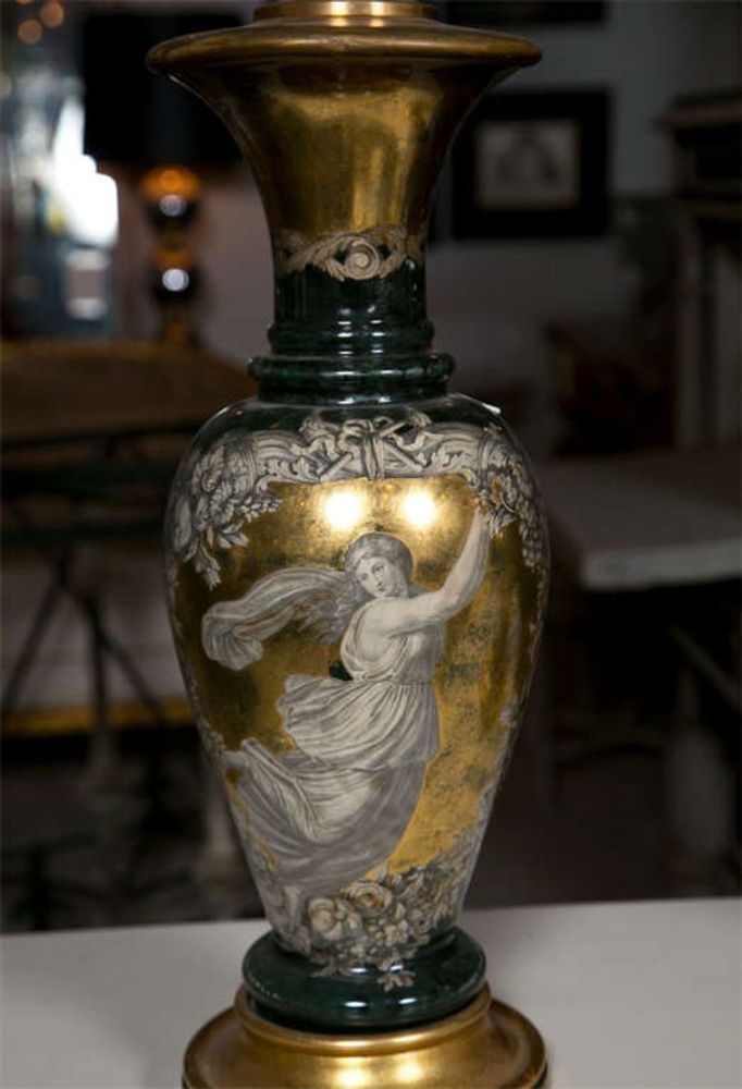 Pair Classical Design Table Lamps Urn Shape Form Reverse Glass Depicting Goddess