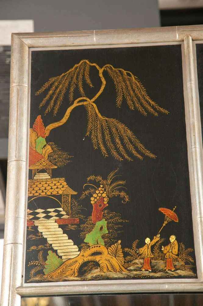 Chinoiserie Hand Painted Style Faux Silver Bamboo Mirror Decorative