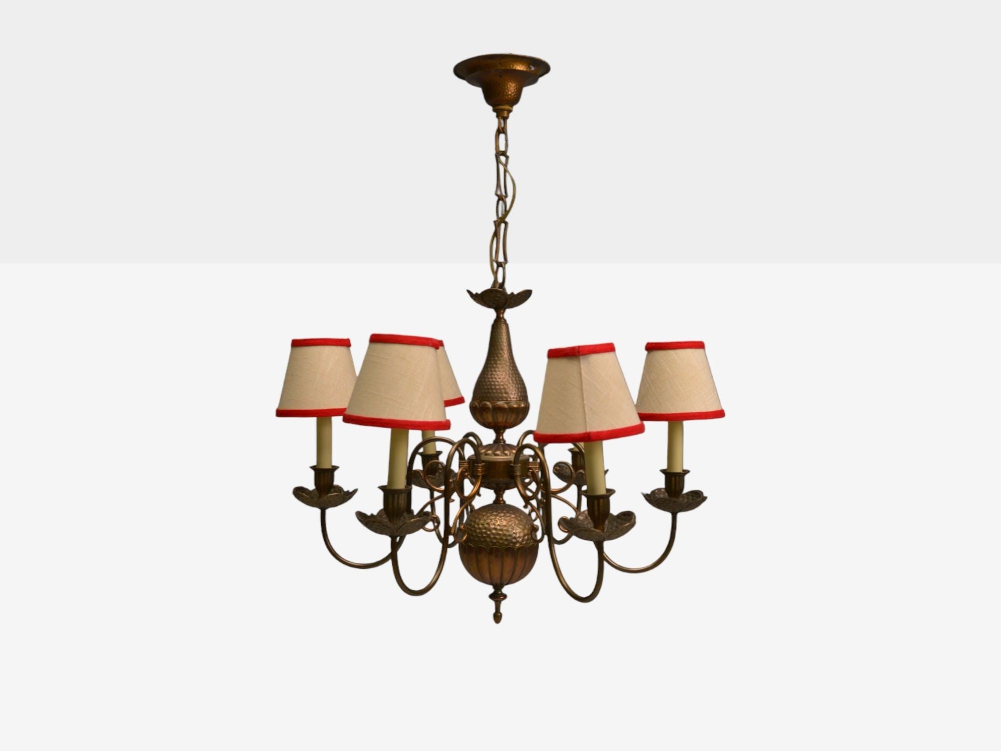 Baroque, Hammered Brass, Bronze, Fabric, Pendant Light, 1950s