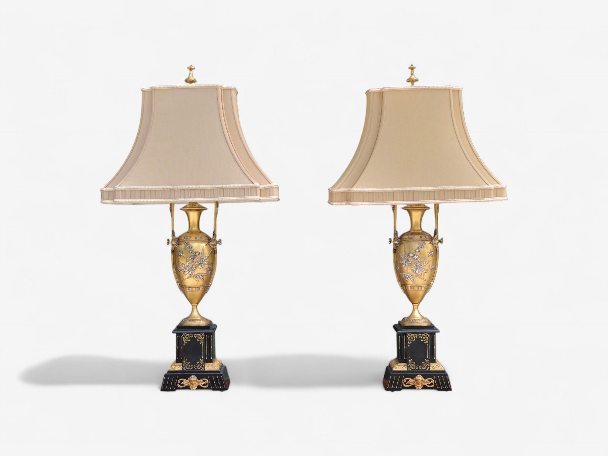 Art Nouveau Style, Bronze, Ebony, Linen, Table Lamps, France, 1920s