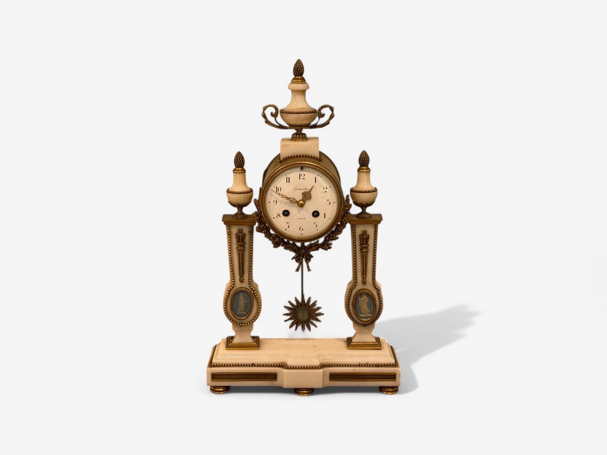 Hubert Sarton Style, Louis XVI, Porcelain, Bronze, Marble, Mantle Clock, 19th C.