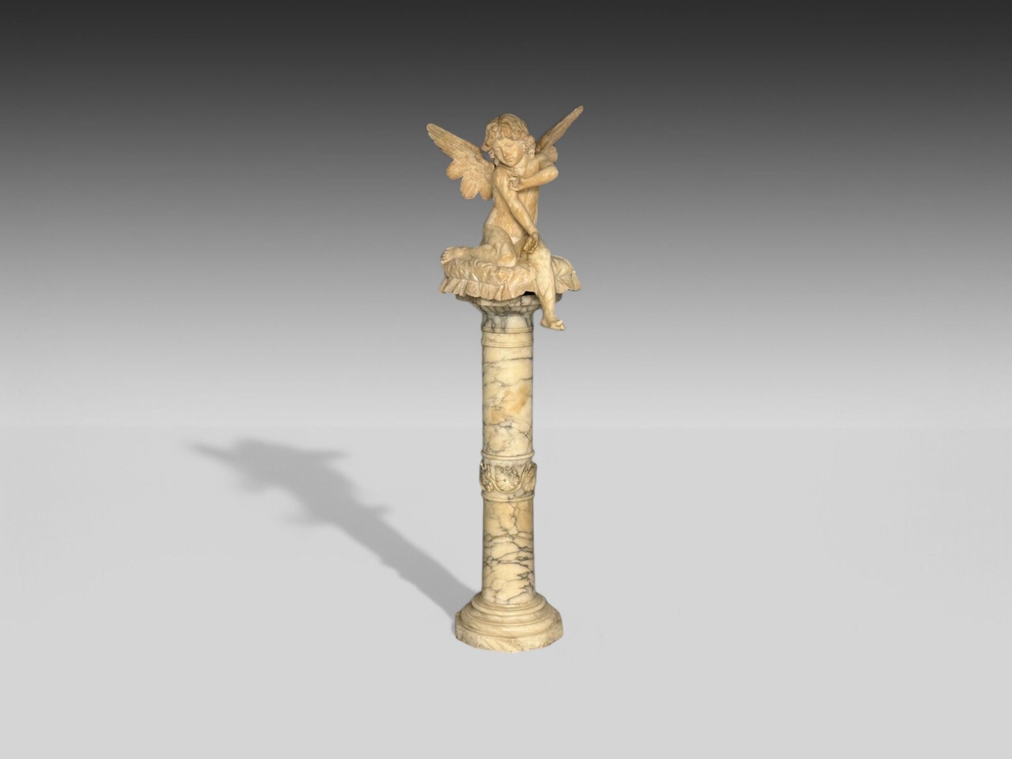 Neoclassical, Winged Angel On Pillow, Alabaster Statue on Pedestal, Italy, 1920s