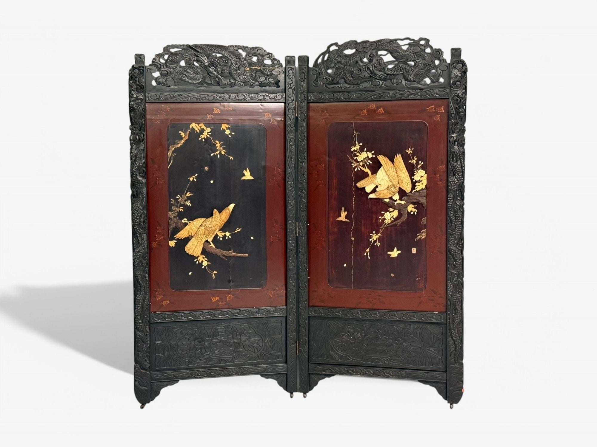 Shibayama Art, Meiji Era, Ebonized Wood, Lacquer, Two Panel Screen, Japan, 1890s