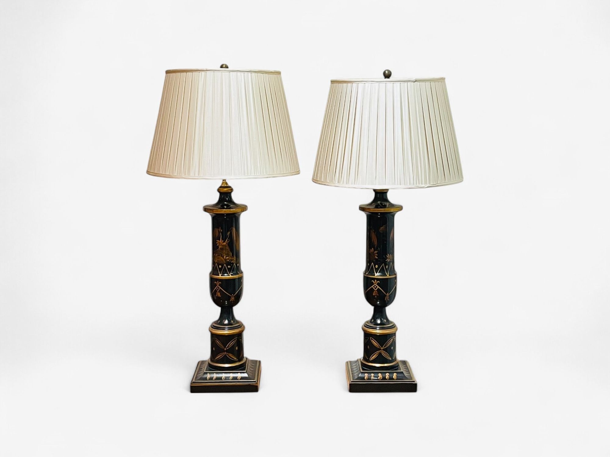 Chinoiserie Style, Ebonized Wood, Gilt, Table Lamps, USA, 1960s