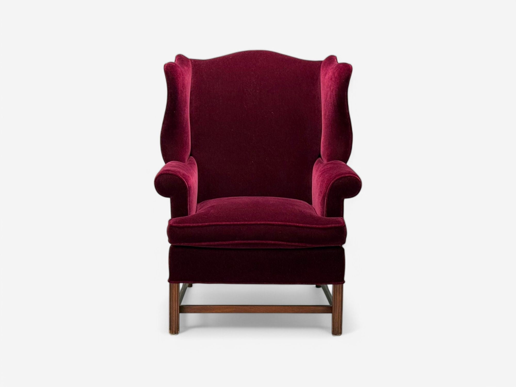Georgian, Aubergine Mohair, Stained Wood, Wingback Chair, England, 1970s