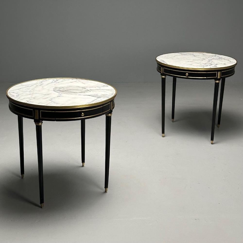 Hollywood Regency, Louis XVI Style, Bouiliotte End Tables, Black Paint, Bronze