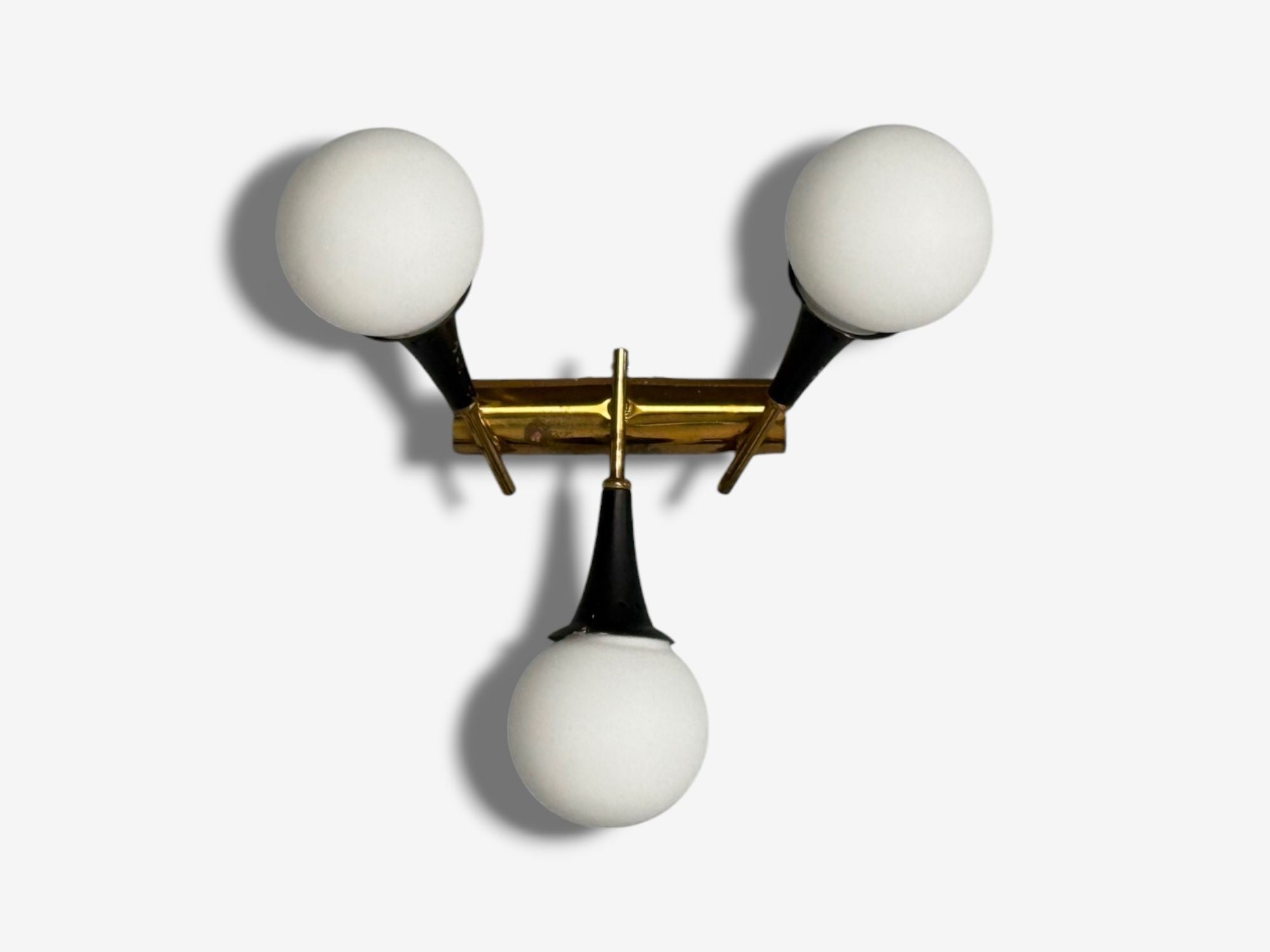 Stilnovo, Italian Mid-Century Modern, Brass, Glass, Three Light Sconce, 1950s