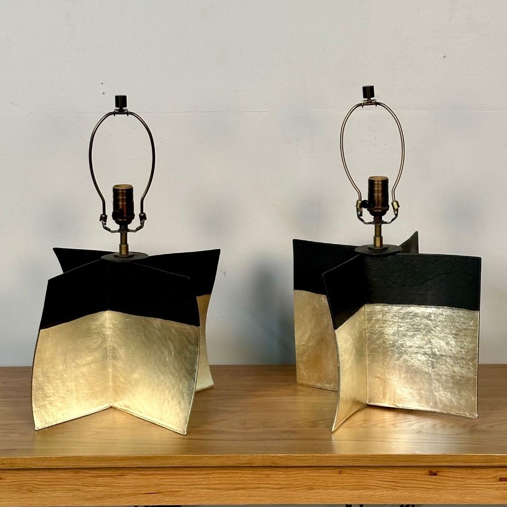 Pair Contemporary Stoneware Ceramic Croisillon Style Table / Desk Lamps, Glazed